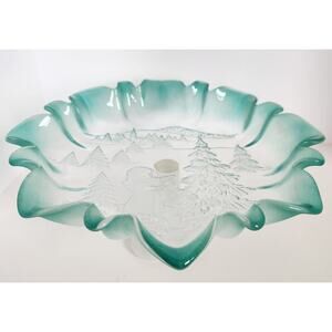 Vintage Frosted Glass Pedestal Compote Bowl Green Ruffled Edge Winter Scene
